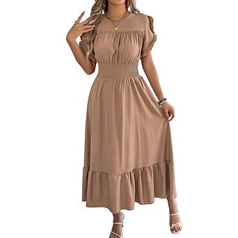 Women's Round Neck Ruffle Short Sleeve Smocked Waist Midi Dress A-Line Long Dress for Casual Party