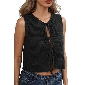 Women's V-Neck Tie Front Knit Vest Cropped Sleeveless Cardigan Loose Casual Tank Top