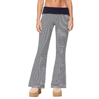 Women's Low Rise Fold Over Waist Striped Bell Pants Stretchy Slim Fit Retro Casual Bootcut Trousers