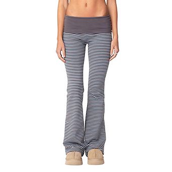 Women's Low Rise Fold Over Waist Striped Bell Pants Stretchy Slim Fit Retro Casual Bootcut Trousers
