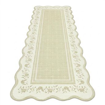 Scalloped Washable Area Rug Non-Slip Low Pile, Minimalist Floral Rug for Hallway Entryway Bedroom