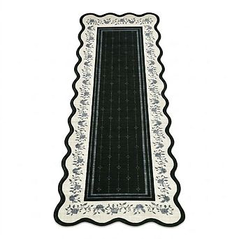 Scalloped Washable Area Rug Non-Slip Low Pile, Minimalist Floral Rug for Hallway Entryway Bedroom