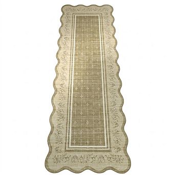 Scalloped Washable Area Rug Non-Slip Low Pile, Minimalist Floral Rug for Hallway Entryway Bedroom