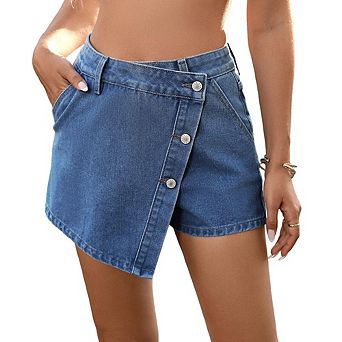 Women's High Waisted Asymmetrical Denim Skort Wrap Button Front Fake Two-Piece A-Line Shorts