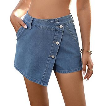 Women's High Waisted Asymmetrical Denim Skort Wrap Button Front Fake Two-Piece A-Line Shorts