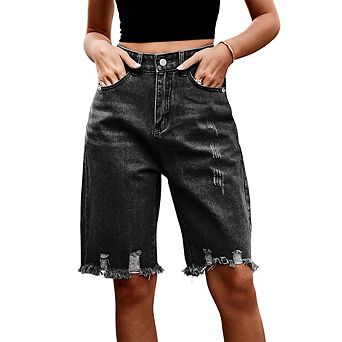 Women's High Waisted Ripped Frayed Denim Bermuda Shorts Straight Leg Loose Fit Vintage Washed Shorts