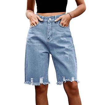 Women's High Waisted Ripped Frayed Denim Bermuda Shorts Straight Leg Loose Fit Vintage Washed Shorts