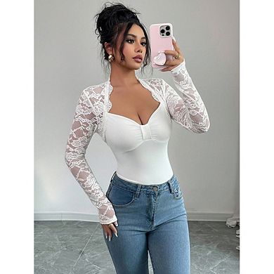 Women's Lace Patchwork Long Sleeve Top High Neck Slim Fitted Layering Shirt Bolero Tops