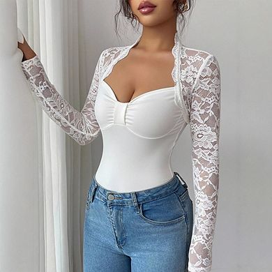 Women's Lace Patchwork Long Sleeve Top High Neck Slim Fitted Layering Shirt Bolero Tops