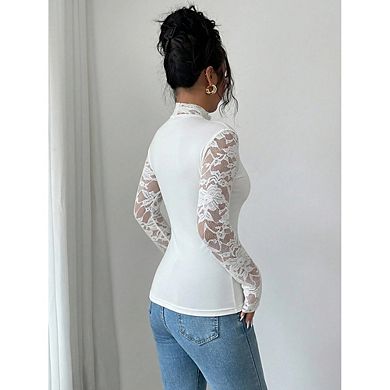 Women's Lace Patchwork Long Sleeve Top High Neck Slim Fitted Layering Shirt Bolero Tops