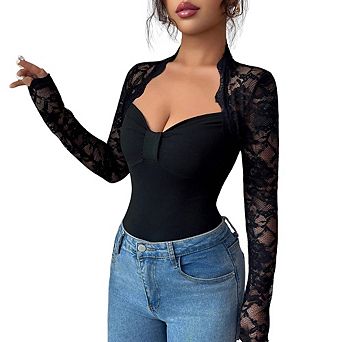 Women's Lace Patchwork Long Sleeve Top High Neck Slim Fitted Layering Shirt Bolero Tops