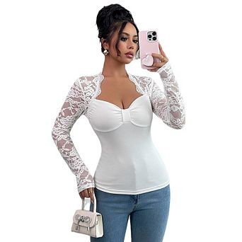 Women's Lace Patchwork Long Sleeve Top High Neck Slim Fitted Layering Shirt Bolero Tops
