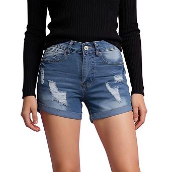 Women's High Waisted Ripped Denim Shorts Rolled Hem Stretch Casual Summer Jean Shorts