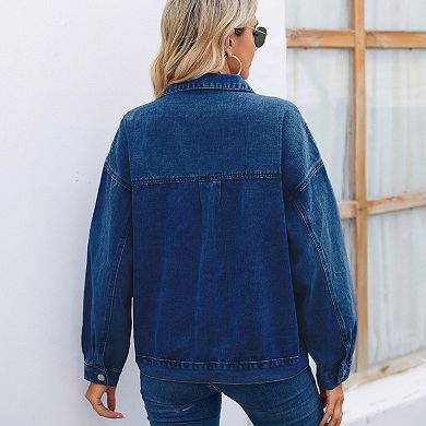 Women Casual Button Down Relaxed Fit Western Trucker Jean Jacket
