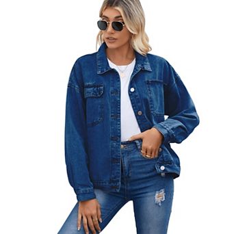 Women Casual Button Down Relaxed Fit Western Trucker Jean Jacket
