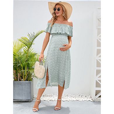 Maternity Off-Shoulder Ruffle Midi Dress, Side Slit Casual Dress