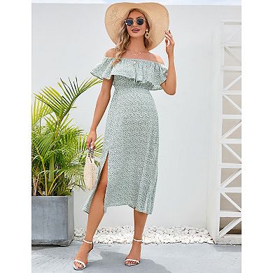 Maternity Off-Shoulder Ruffle Midi Dress, Side Slit Casual Dress