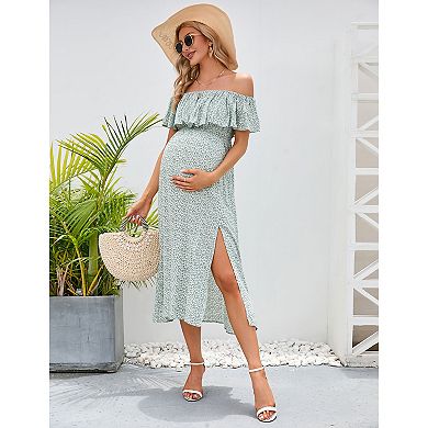 Maternity Off-Shoulder Ruffle Midi Dress, Side Slit Casual Dress