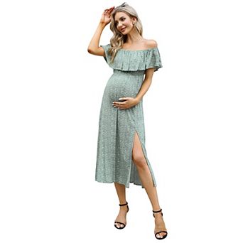 Maternity Off-Shoulder Ruffle Midi Dress, Side Slit Casual Dress