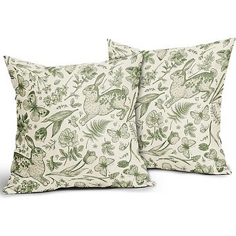 Spring Green Bunny Throw Pillow Cover, Botanical Floral Print, Hidden Zipper, Durable Fabric