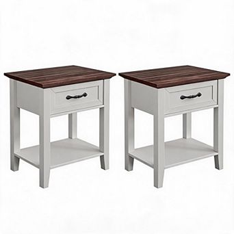 Modern Set of 2 White Wooden Coffee Tables with Drawer & Open Shelf Space-Saving End Tables