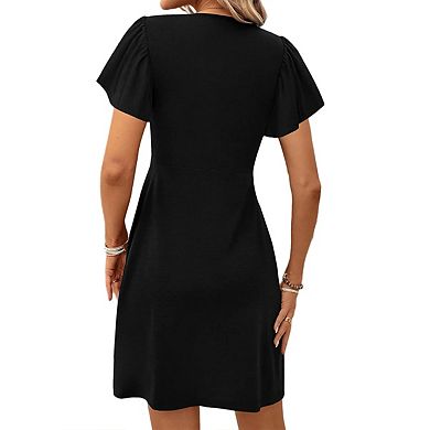 Womens Casual Summer Twist Front V Neck Short Sleeve Mini Dress