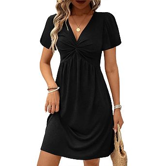 Womens Casual Summer Twist Front V Neck Short Sleeve Mini Dress