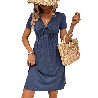 Womens Casual Summer Twist Front V Neck Short Sleeve Mini Dress
