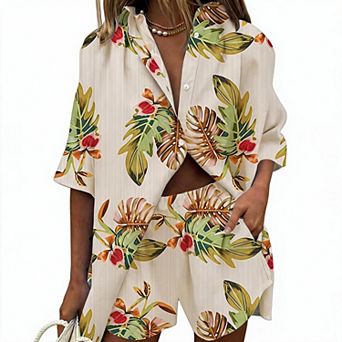 Womens 2 pc Set Leaf Print Short Sleeve Button Down Shirts and Shorts Beach Sets Vacation Outfits