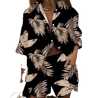 Womens 2 pc Set Leaf Print Short Sleeve Button Down Shirts and Shorts Beach Sets Vacation Outfits