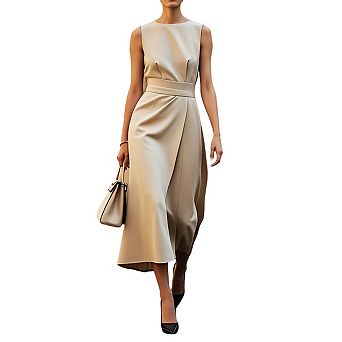 Women Elegant Classy Sleeveless Crewneck Maxi Waist Belt A Line Dress Wedding Guest Dress