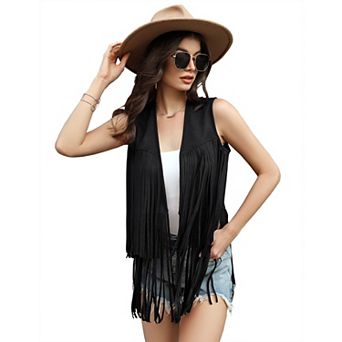 GlowSol Womens Fringe 60s 70s Hippie Tank Tops Cowgirl Western Faux Suede Tassel Leather Jacket Tops