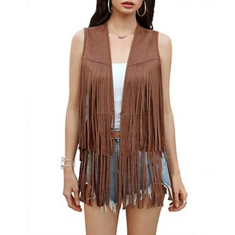 GlowSol Womens Fringe 60s 70s Hippie Tank Tops Cowgirl Western Faux Suede Tassel Leather Jacket Tops