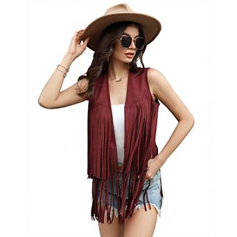 GlowSol Womens Fringe 60s 70s Hippie Tank Tops Cowgirl Western Faux Suede Tassel Leather Jacket Tops
