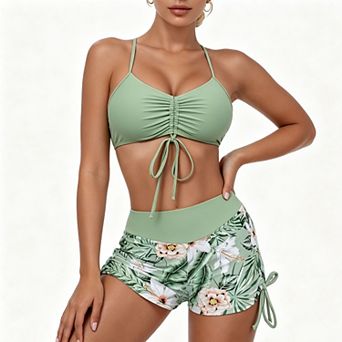 Women's Casual 2 pc Swimwear Set,Ruched Tie Bikini Top High Waist Floral Tie Side Boyshort Bottom