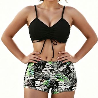 Women's Casual 2 pc Swimwear Set,Ruched Tie Bikini Top High Waist Floral Tie Side Boyshort Bottom