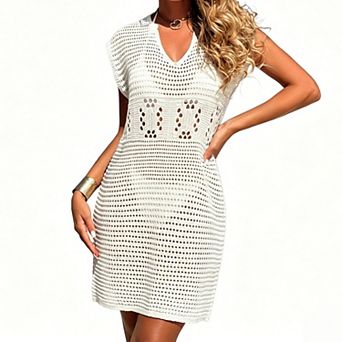 Women's Sleeveless V‑Neck Crochet Knit Beach Cover‑Up Dress, Hollow Out Slim Fit