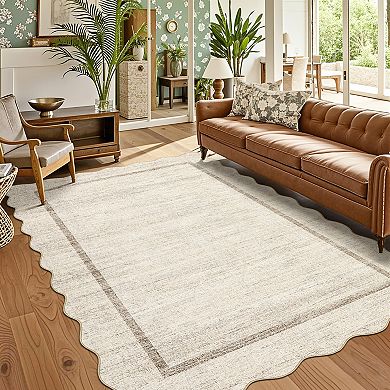 Washable Scalloped Area Rugs Modern Bordered Accent Carpet, Stain-Resistant Soft Low Pile Scalloped