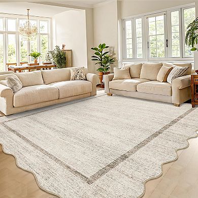 Washable Scalloped Area Rugs Modern Bordered Accent Carpet, Stain-Resistant Soft Low Pile Scalloped