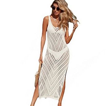 Women's Casual Knit Beach Cover‑Up,Sleeveless Chevron Hollow Out Side Slit Swimwear Cover‑Up Dress