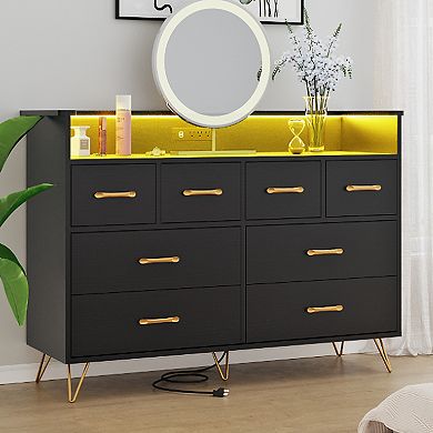 App Sync RGB LED 8 Drawer Dresser, Built-in Charging Station Stable Large Capacity Storage Cabinet