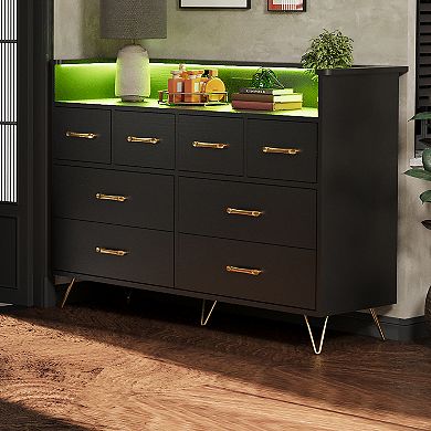 App Sync RGB LED 8 Drawer Dresser, Built-in Charging Station Stable Large Capacity Storage Cabinet