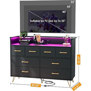 App Sync RGB LED 8 Drawer Dresser, Built-in Charging Station Stable Large Capacity Storage Cabinet