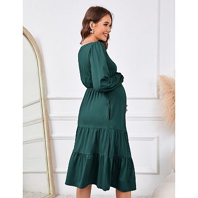 Maternity V-Neck Long Sleeve Midi Dress, Button Front Tiered Casual Dress with Pockets
