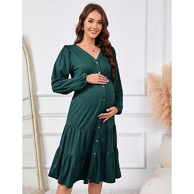 Maternity V-Neck Long Sleeve Midi Dress, Button Front Tiered Casual Dress with Pockets