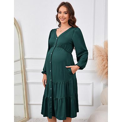 Maternity V-Neck Long Sleeve Midi Dress, Button Front Tiered Casual Dress with Pockets