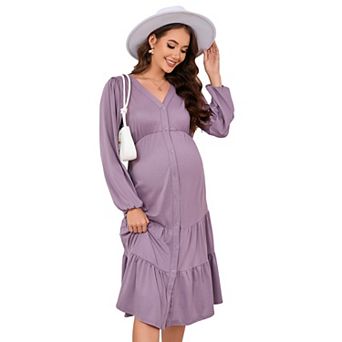 Maternity V-Neck Long Sleeve Midi Dress, Button Front Tiered Casual Dress with Pockets