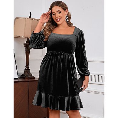 Women's Plus Size Square Neck Mini Dress, Puff Sleeve Ruffle Hem Casual Dress