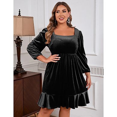 Women's Plus Size Square Neck Mini Dress, Puff Sleeve Ruffle Hem Casual Dress
