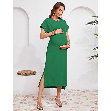 Maternity Short Sleeve Ribbed Midi Dress, Side Slit Casual Dress